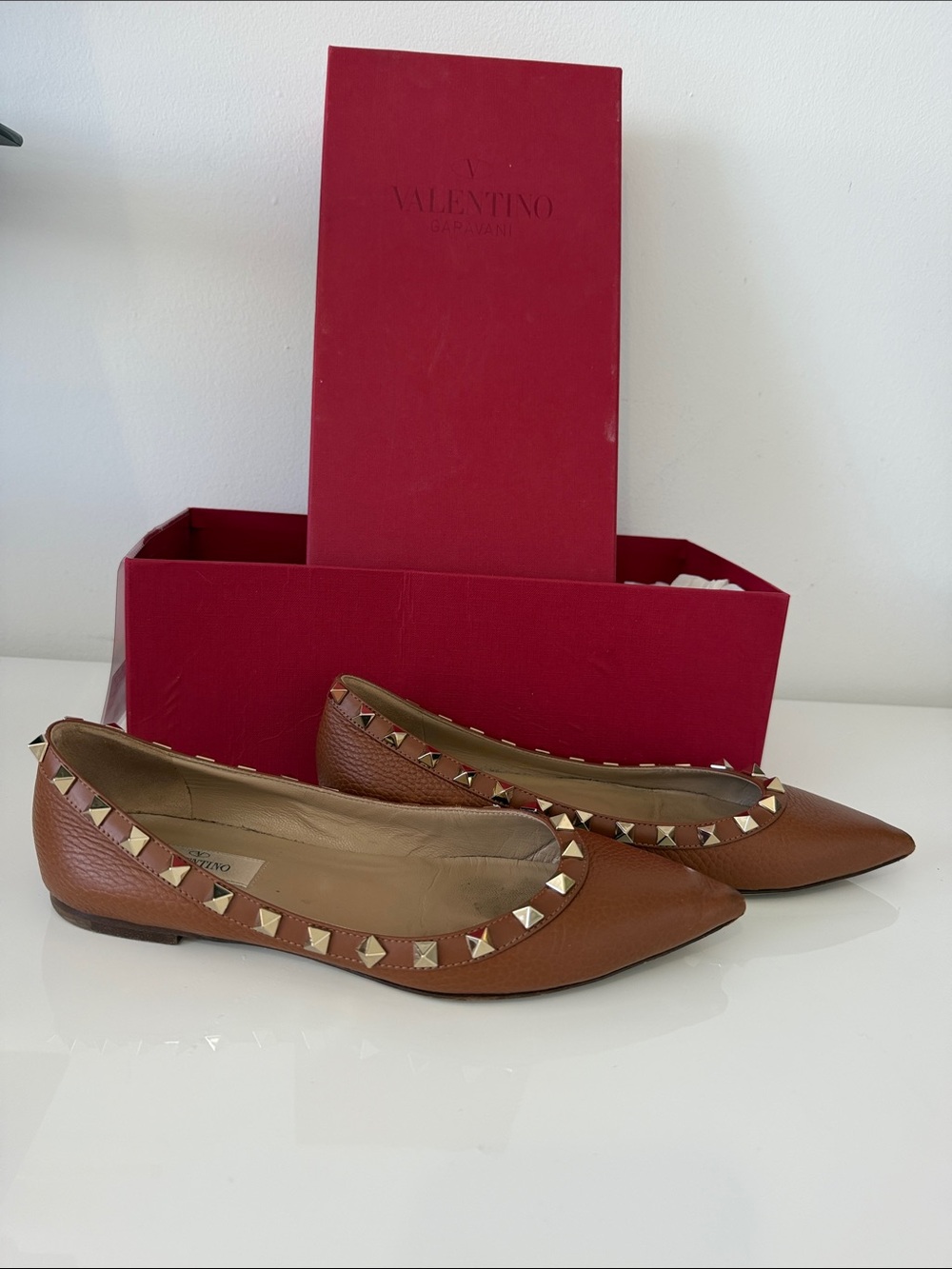 Valentino Brown Leather Pointed Rockstud Flats